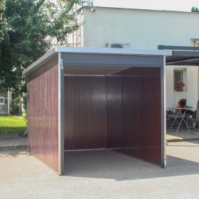 Motorgarázs, kerti tároló, elején nyitott, famintás oldalfalakkal, Woody 2 x 3m 