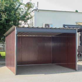 Motorgarázs, kerti tároló, elején nyitott, famintás oldalfalakkal, Woody 3 x 3m